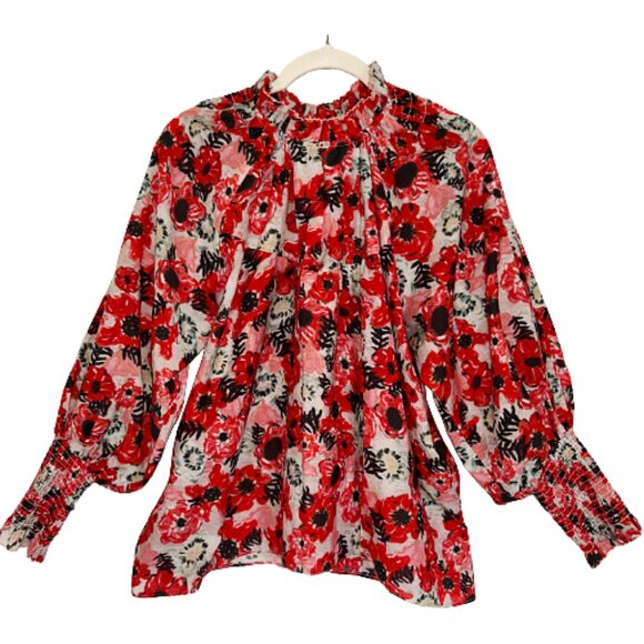 Chufy La Dolce Vita Silk Blend Red Floral Balloon Sleeve Blouse M Designer - Picture 6 of 10